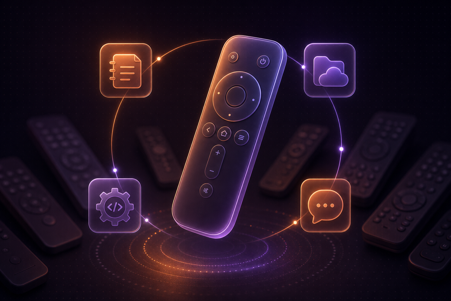 controle remoto universal de vidro flutuando conectado a quatro ícones de ferramentas, com controles remotos antigos e desconectados desfocados ao fundo
