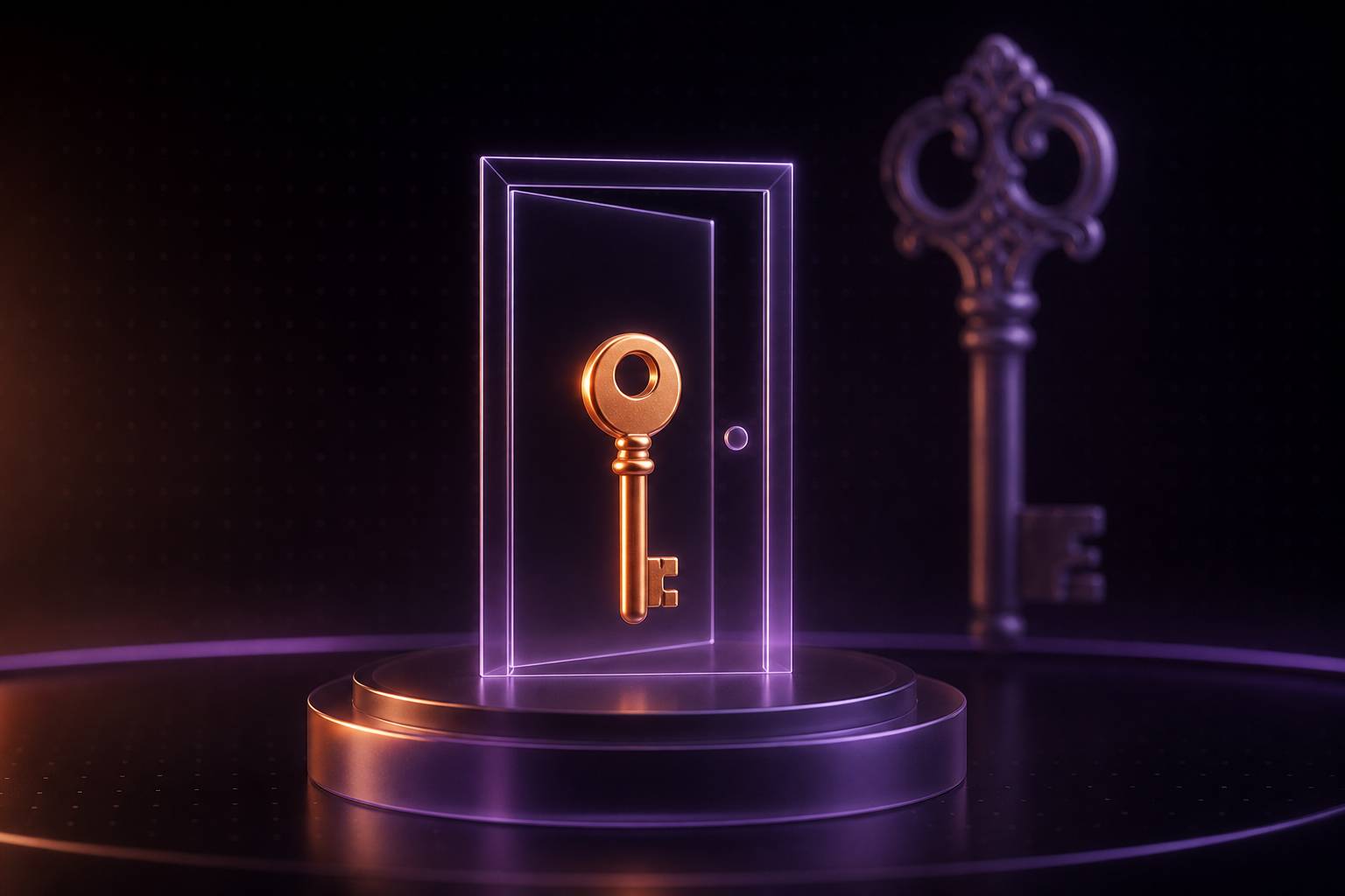 chave pequena brilhando em primeiro plano dentro do contorno luminoso de uma porta única, com uma chave grande e ornamentada apagada ao fundo