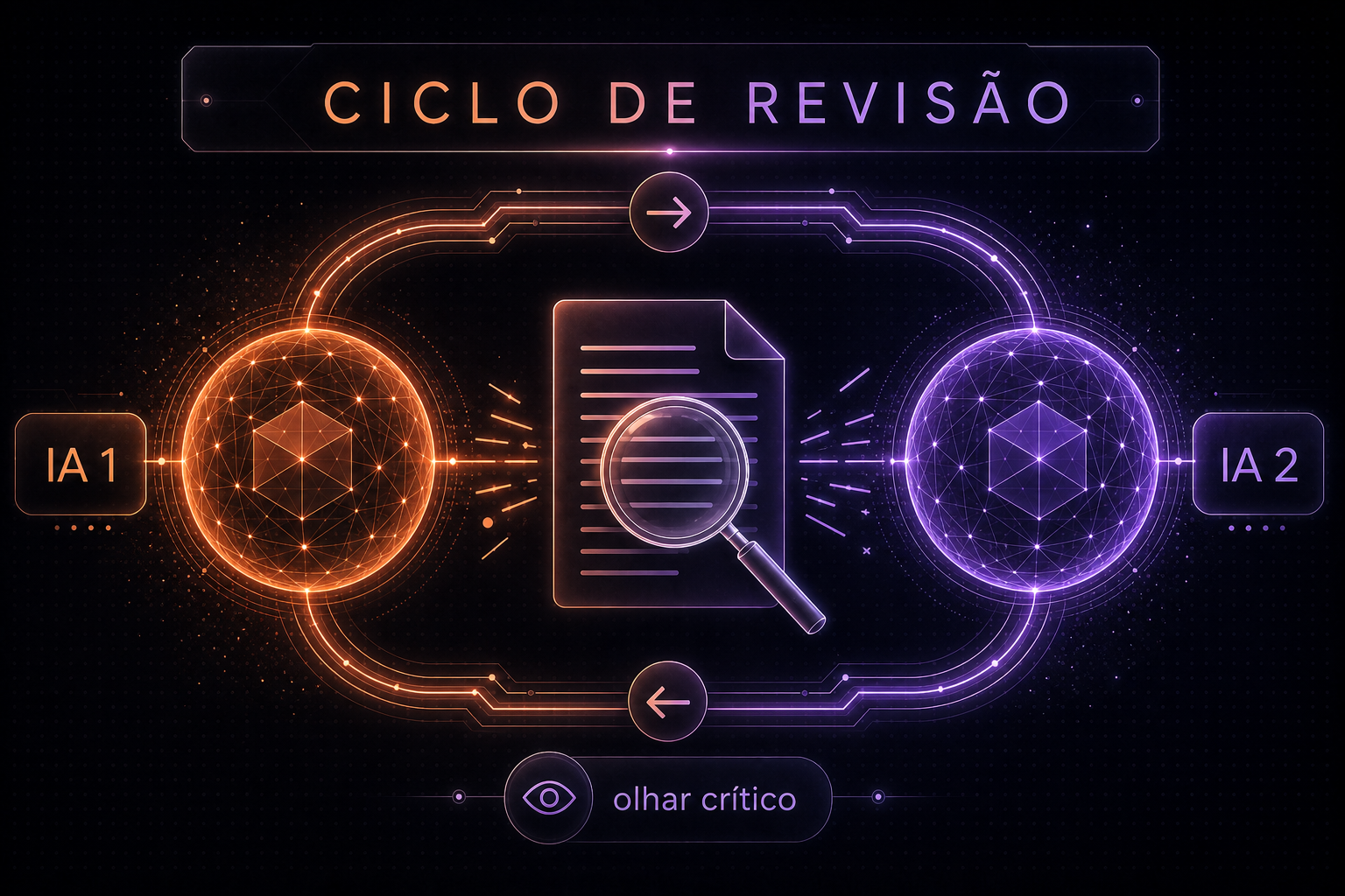 duas esferas de energia, uma laranja e uma lilás, conectadas por um circuito em loop com um documento e uma lupa no centro, representando o loop de revisão entre duas IAs